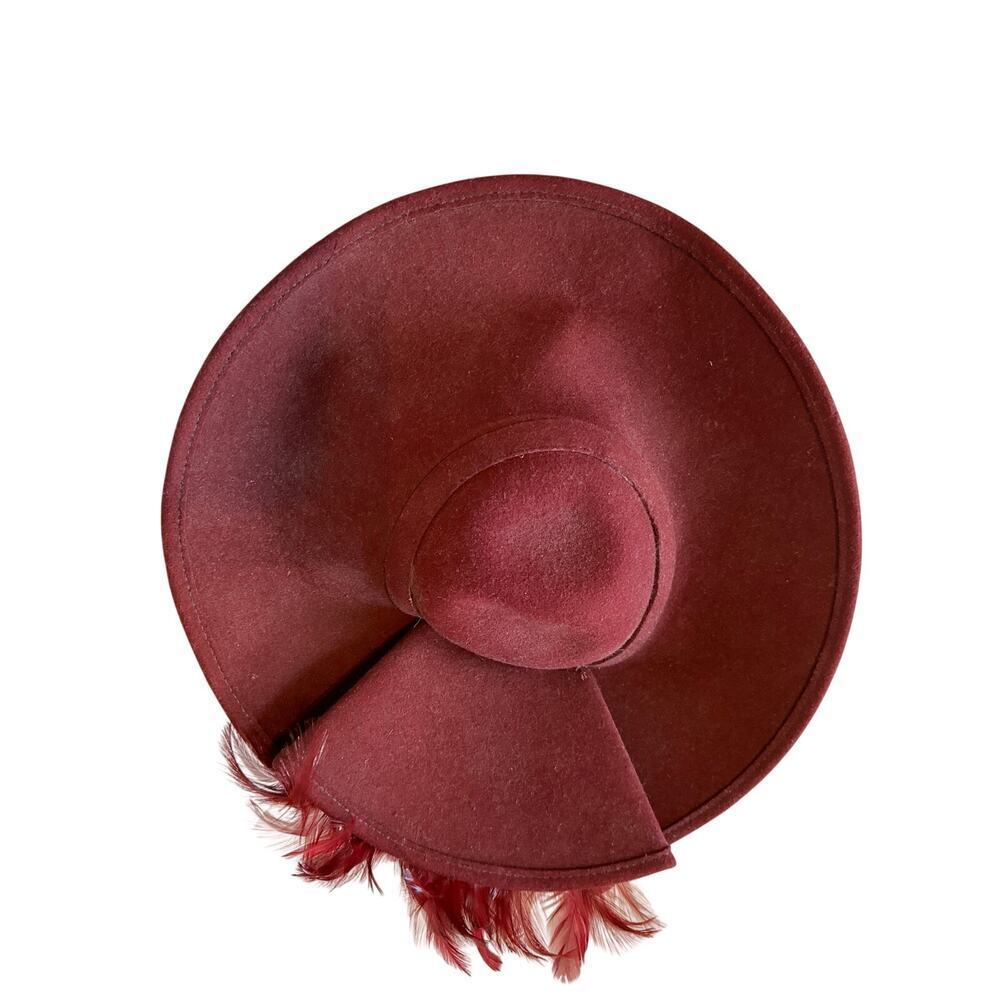 Deborab Fedora Hat Wide Brim Feathers Wool Burgundy